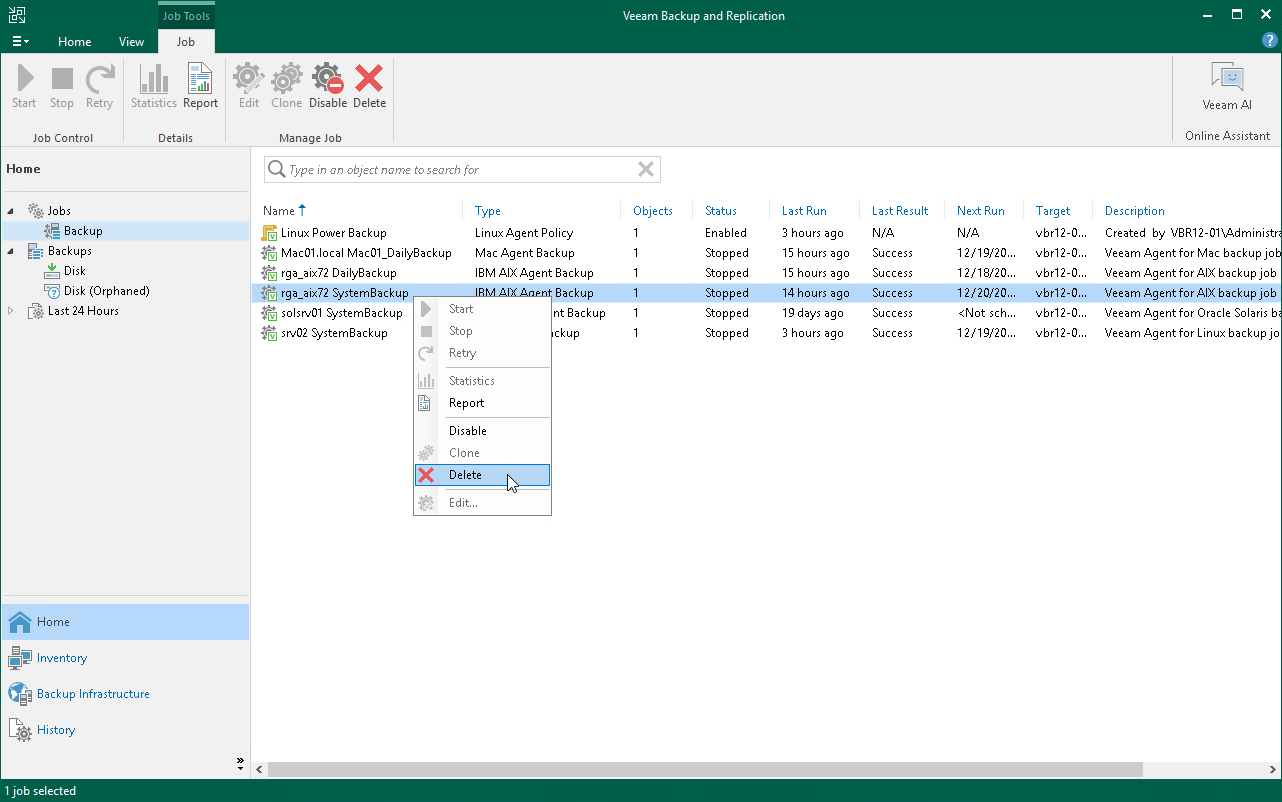 Delete Veeam Agent Backup Job