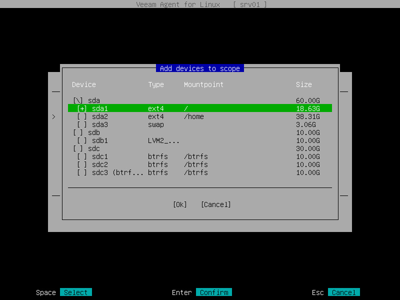 Selecting Volumes to Back Up