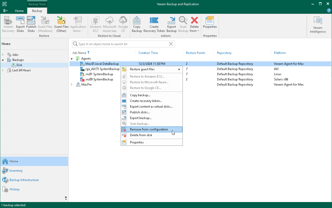 Remove Veeam Agent Backup from Configuration