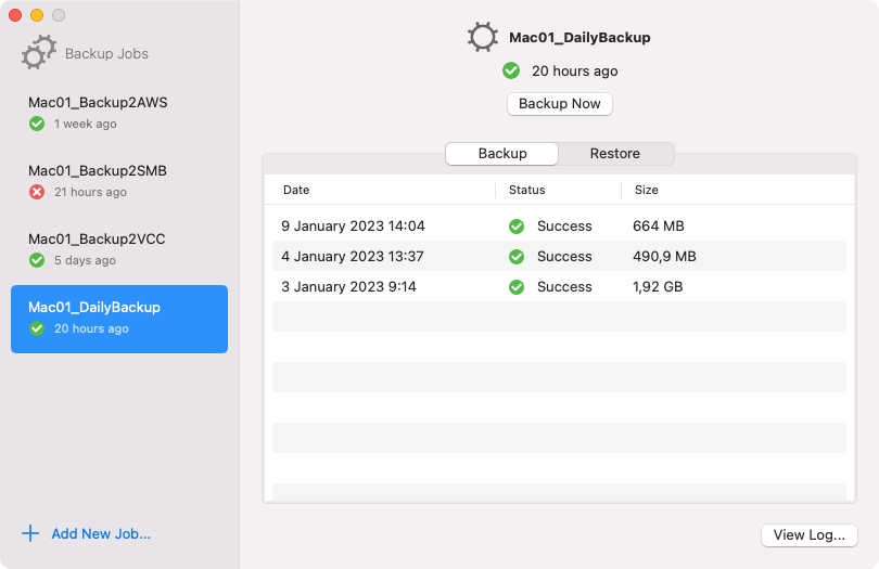 Managing Backups in Control Panel