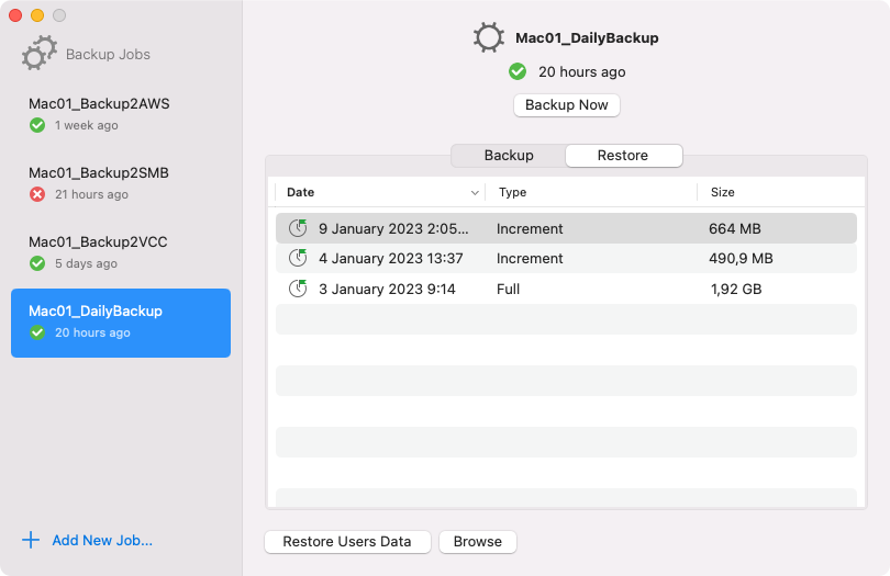 Managing Backups in Control Panel
