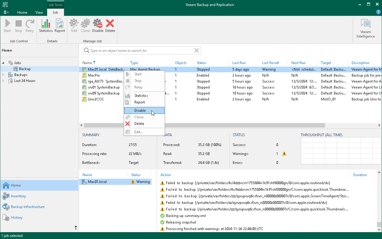Disable Veeam Agent Backup Job