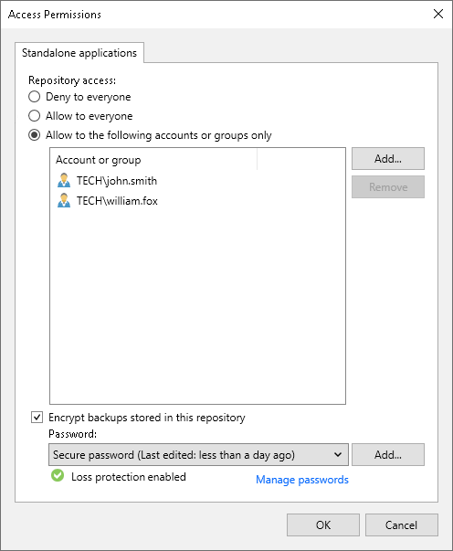 Enter Password to Set Access Permissions on Backup Repositories Setting Up User Permissions on Backup Repositories