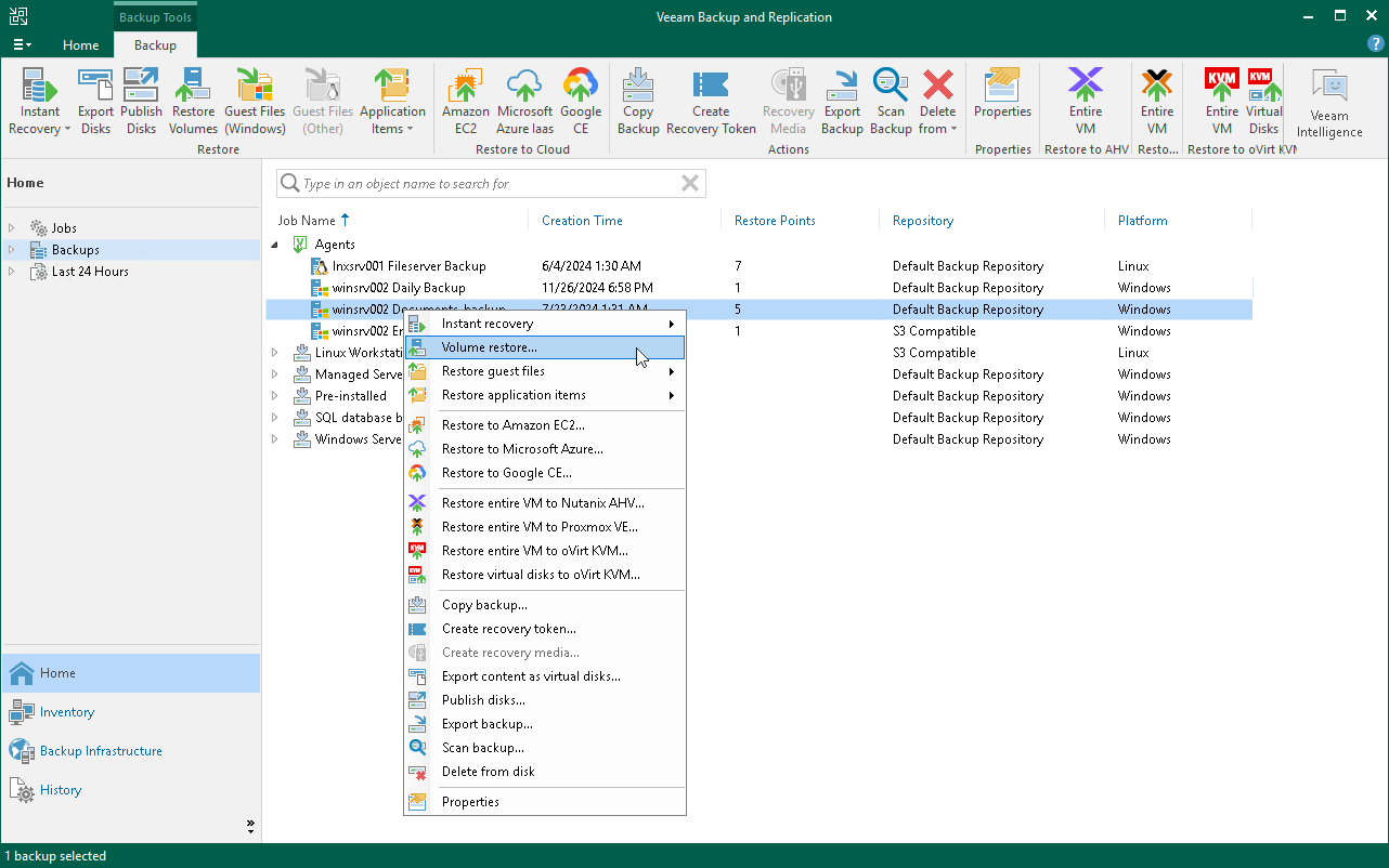 Launch Volume Level Restore Wizard