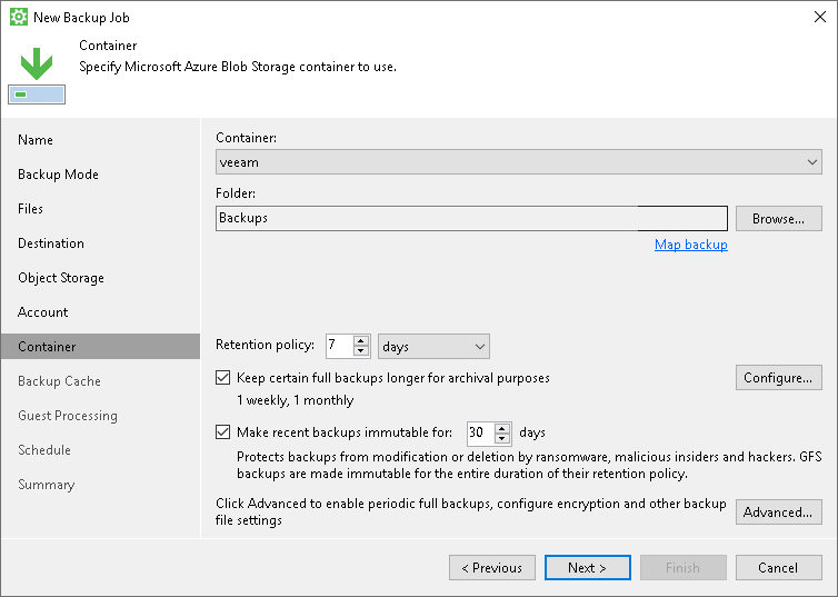 Specify Microsoft Azure Contatiner Settings Microsoft Azure Blob Storage Settings