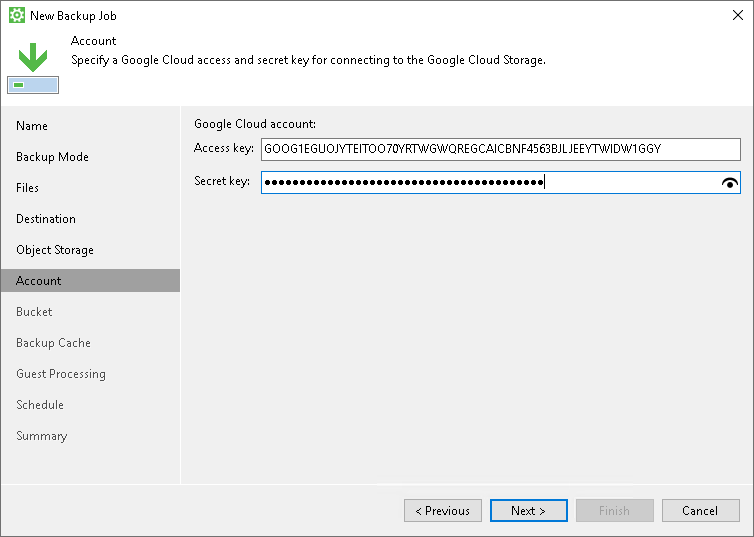Specify Google Account Settings Google Cloud Storage Settings