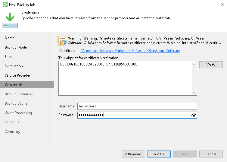 Specify User Account Settings Veeam Cloud Connect Repository Settings
