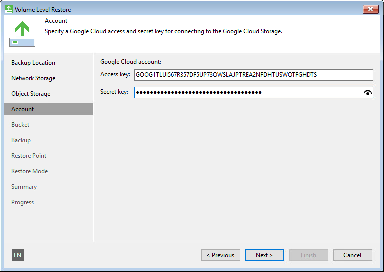 Specify Google Account Settings Google Cloud Storage Settings