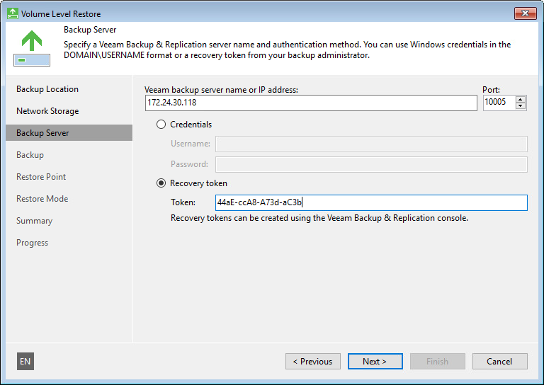 Specify Veeam Backup & Replication Server Name and Recovery Token Backup Server Settings