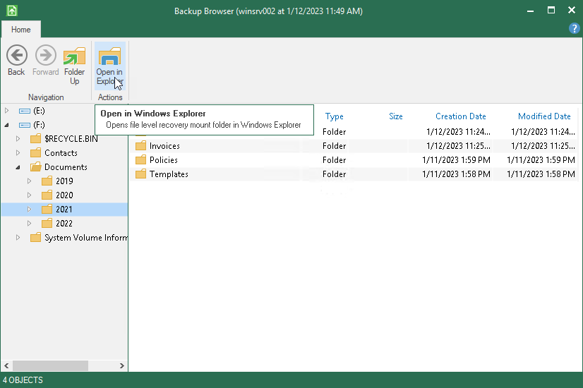 Open Windows Explorer and Browse for Restored Files and Folders