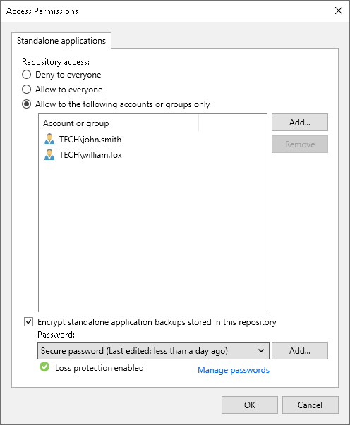 Enter Password to Set Access Permissions on Backup Repositories Setting Up User Permissions on Backup Repositories