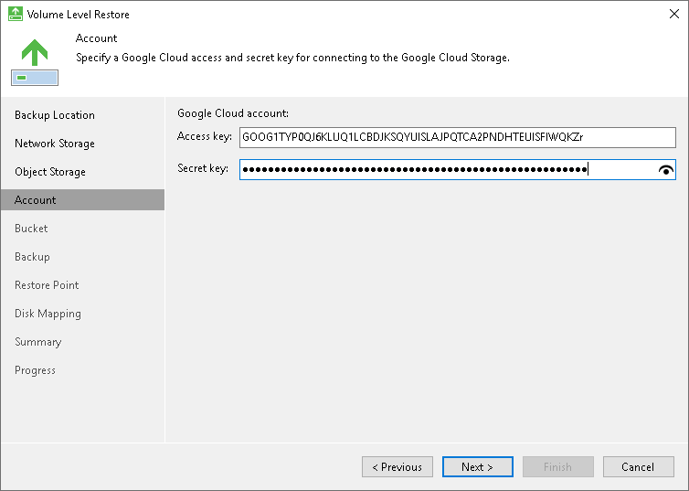 Specify Google Account Settings Google Cloud Storage Settings