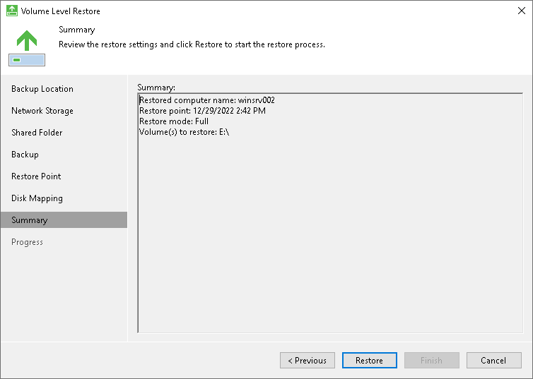 Review Restore Settings Step 9. Complete Restore Process