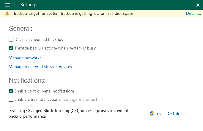 Example of Veean Agent Notification Disabling Control Panel Notifications