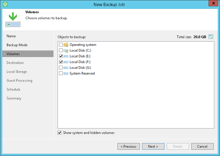Selecting Volumes to Back Up