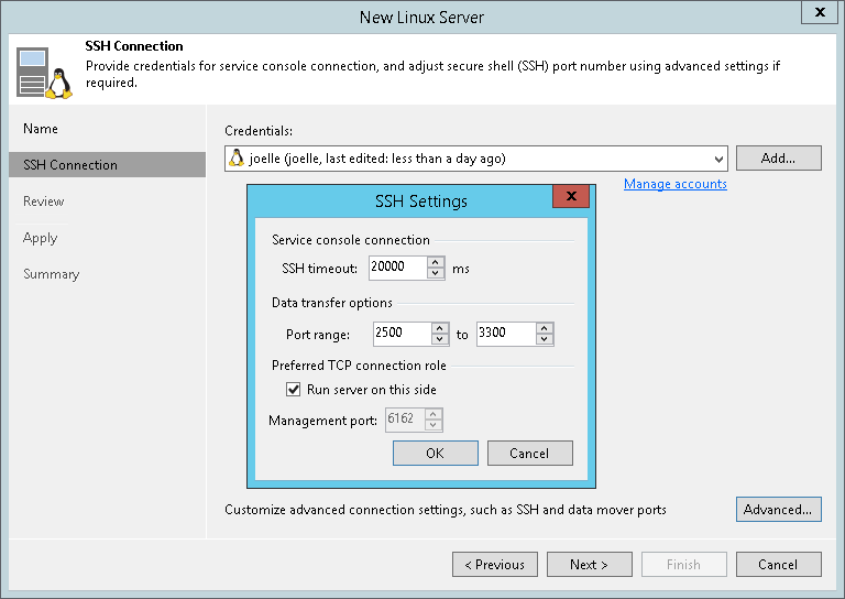 Step 3. Specify Credentials and SSH Settings