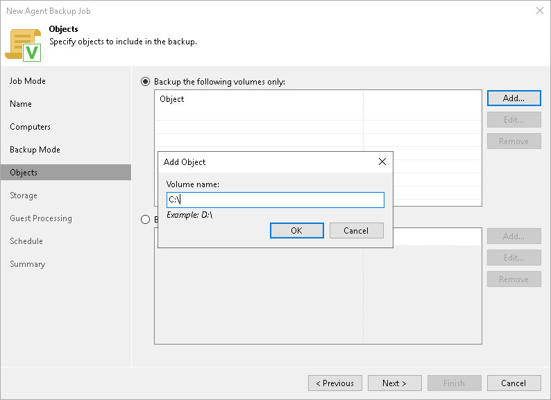 Specifying Volumes to Back Up