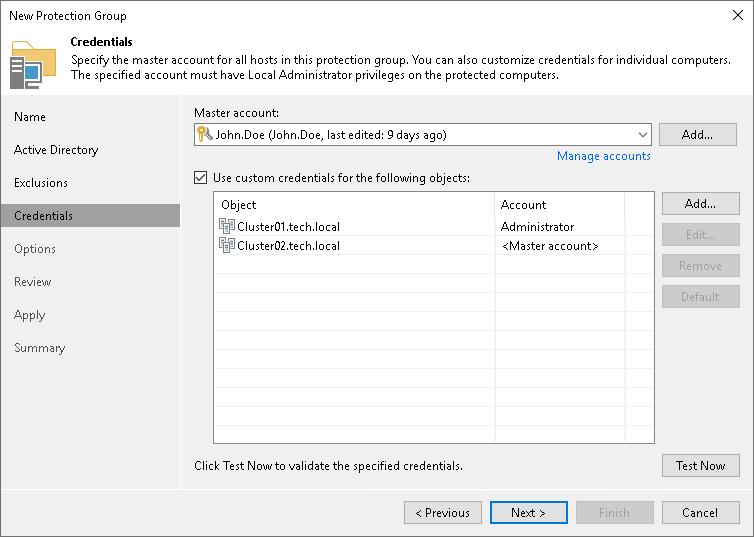 Specify Credentials How to Protect Failover Clusters