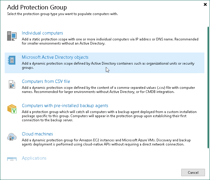 Select Protection Group Type Step 1. Launch New Protection Group Wizard