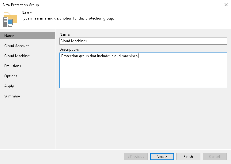 Specify Protection Group Name and Description Step 2. Specify Protection Group Name and Description