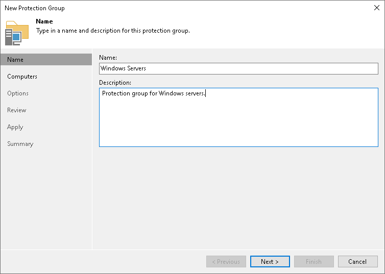 Step 2. Specify Protection Group Name and Description