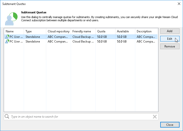 Editing Subtenant Account