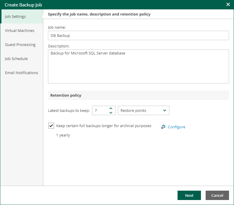 Specifying Job Name, Description and Retention Policy