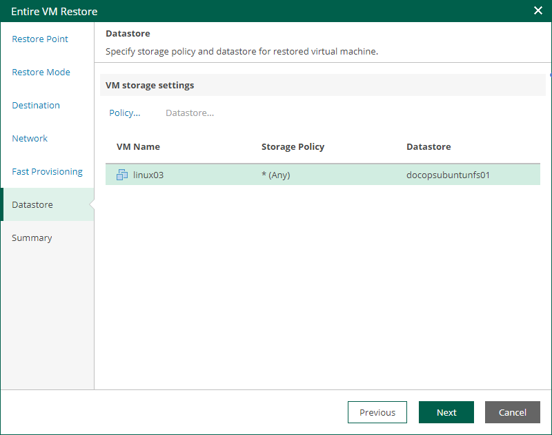 Specifying Datastore and Disk Type