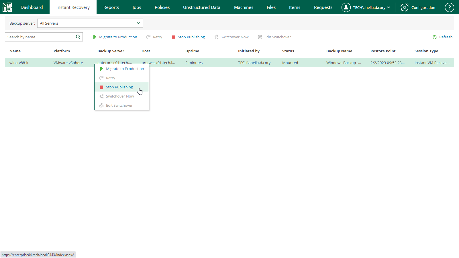 Unpublishing Recovered VM