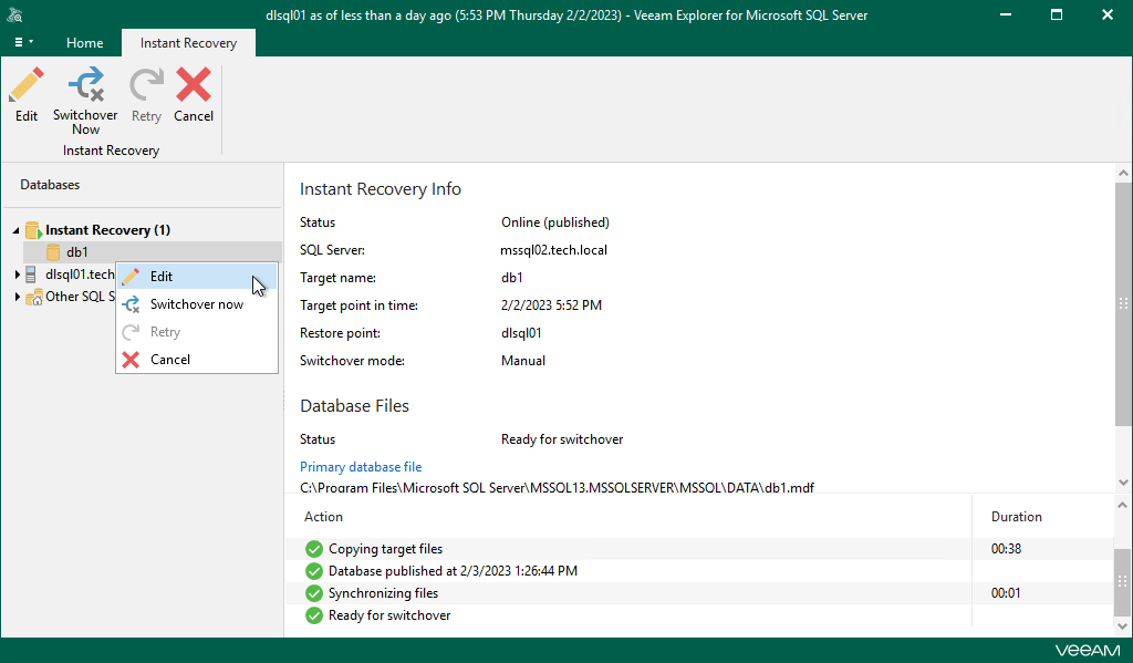 Editing Instant Recovery Settings