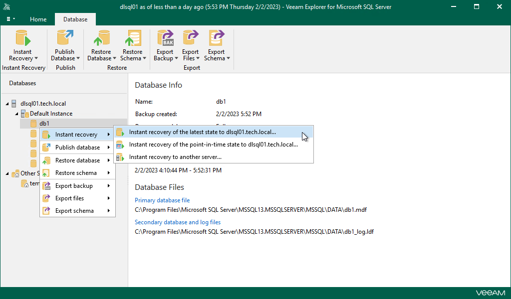 Launching Instant Recovery Wizard