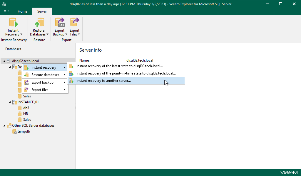 Launching Instant Recovery Wizard