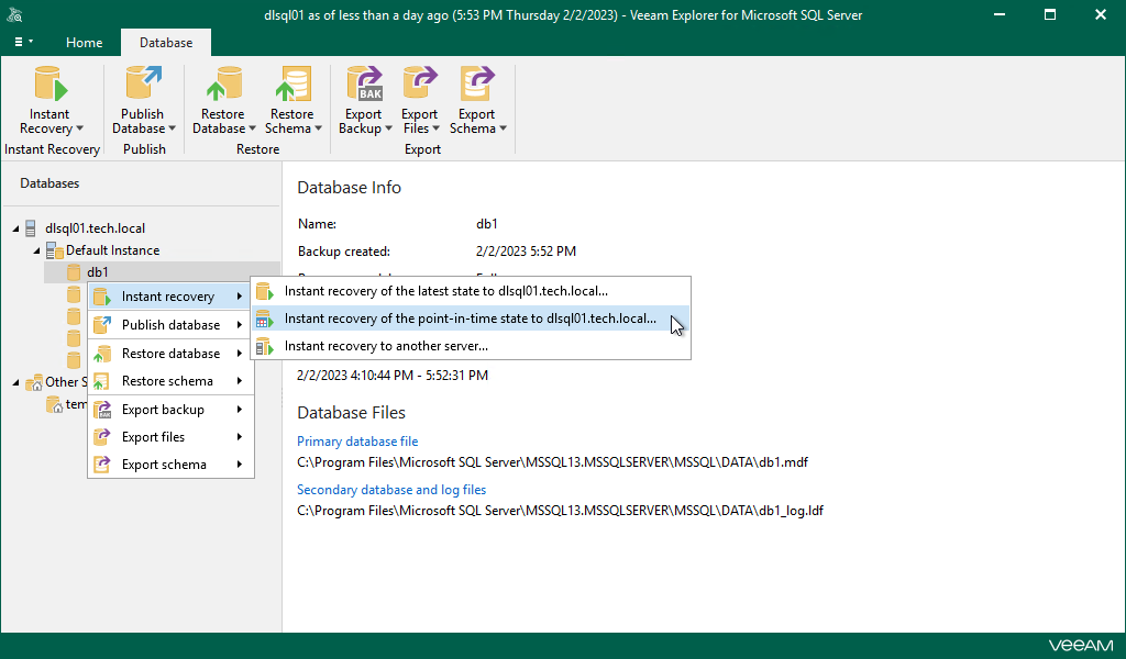 Launching Instant Recovery Wizard