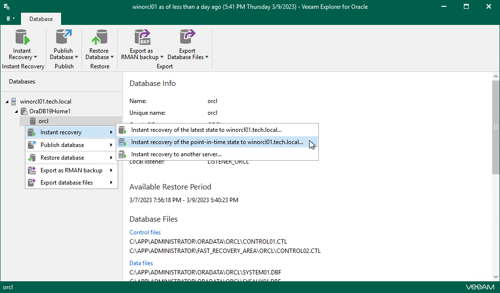 Launching Instant Recovery Wizard