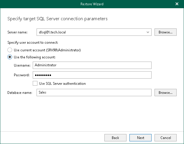 Specifying Target SQL Server Settings