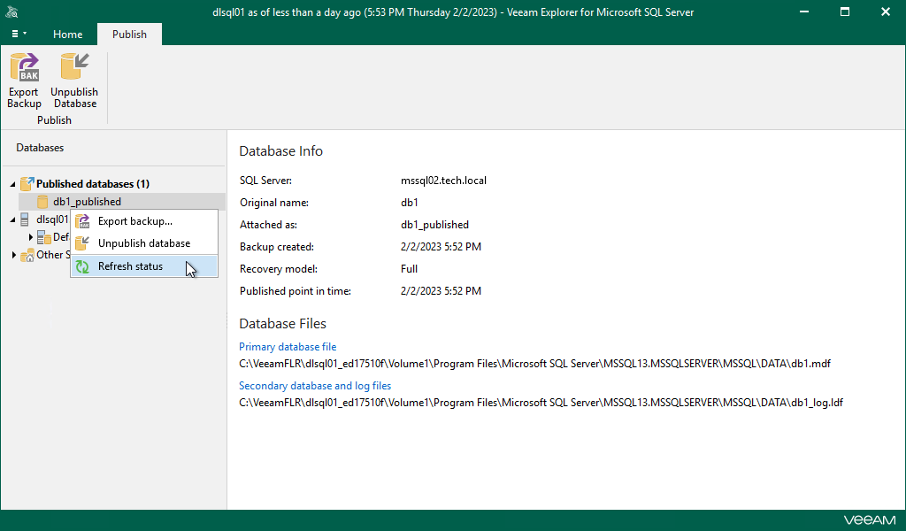 Refreshing Published Database Status