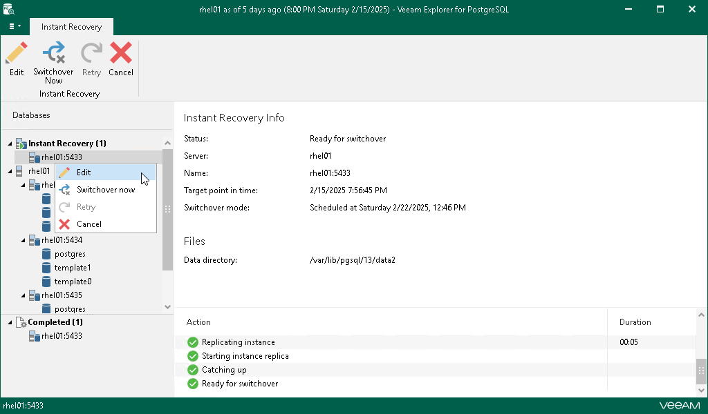 Editing Instant Recovery Settings