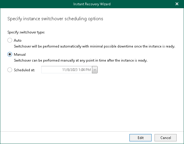 Specifying Database Switchover Scheduling Options