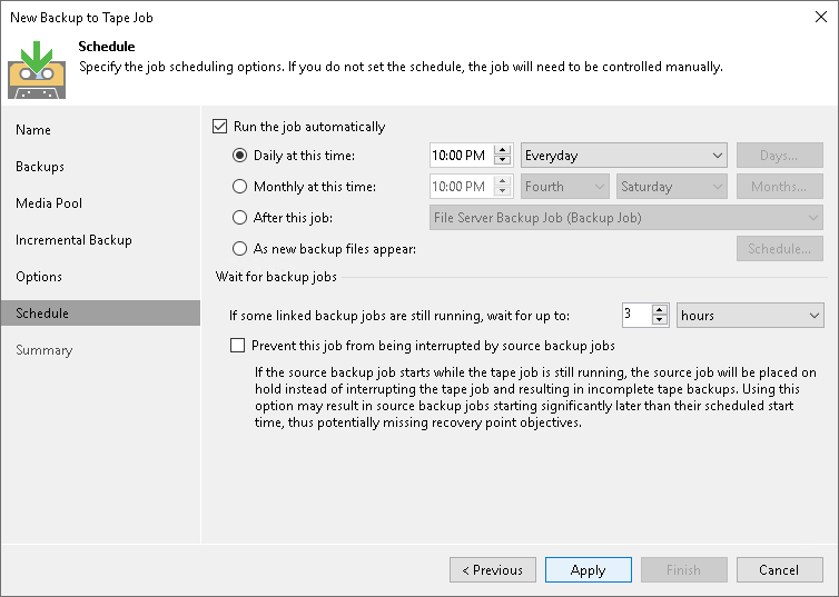 Schedule for Backup to Tape Job