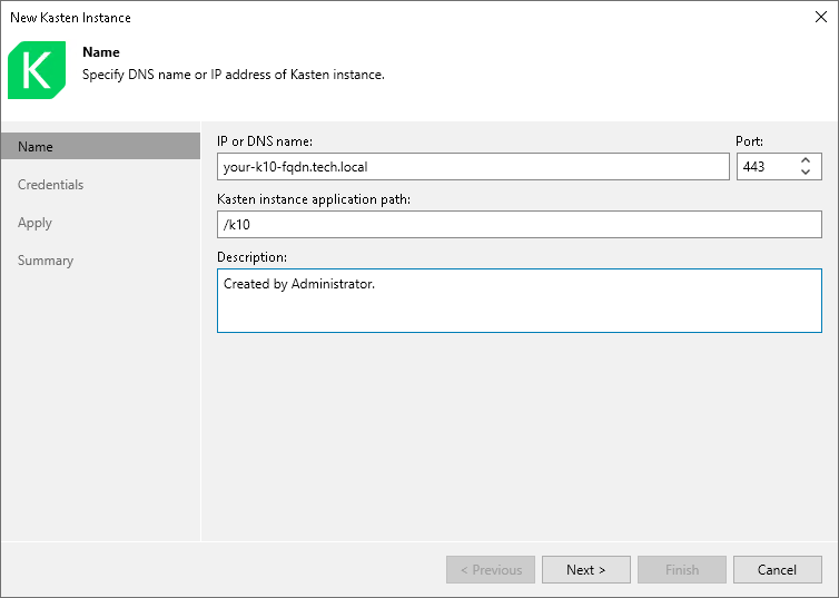 Step 2. Specify Kasten Instance Name