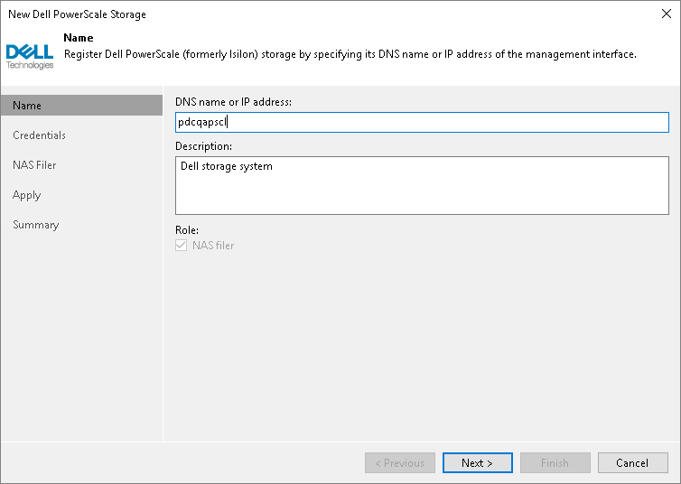 Step 2. Specify Storage Name or Address and Storage Role