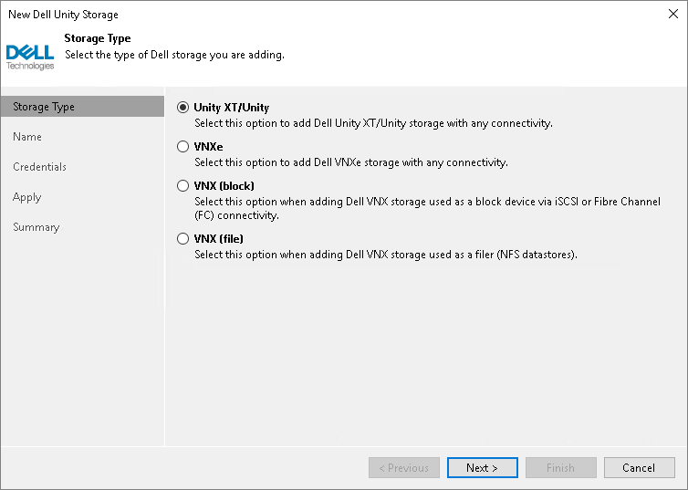 Step 2. Select Dell Unity (XT), VNX(e) Storage Type