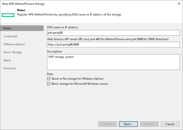 Step 3. Specify HPE Web Services API Address and Storage Role