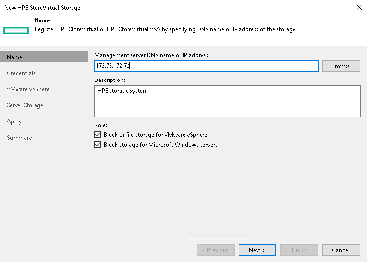 Step 2. Specify Storage Name or Address and Storage Role