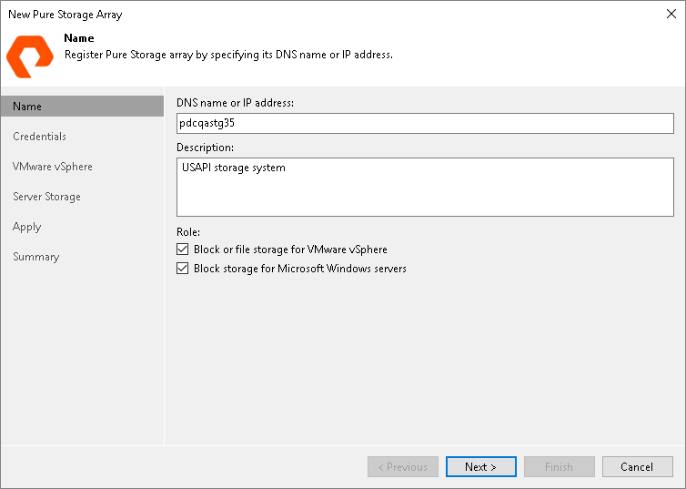 Step 2. Specify Storage Name or Address and Storage Role