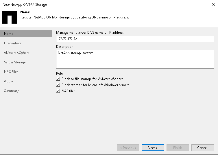 Step 2. Specify NetApp Server Name or Address and Storage Role