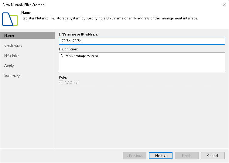 Step 2. Specify Storage Name or Address and Storage Role