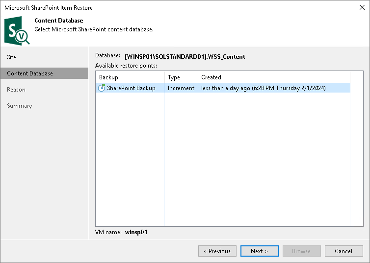 Step 3. Select Restore Point or Content Database