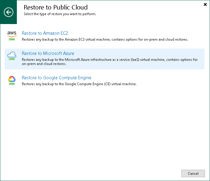 Step 1. Launch Restore to Azure Wizard