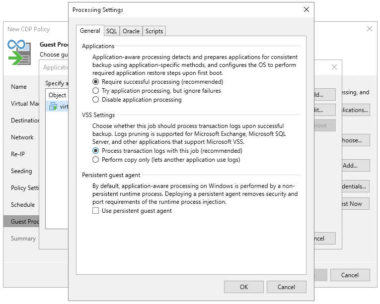 Specify application-aware settings Application-Aware Processing and Transaction Logs